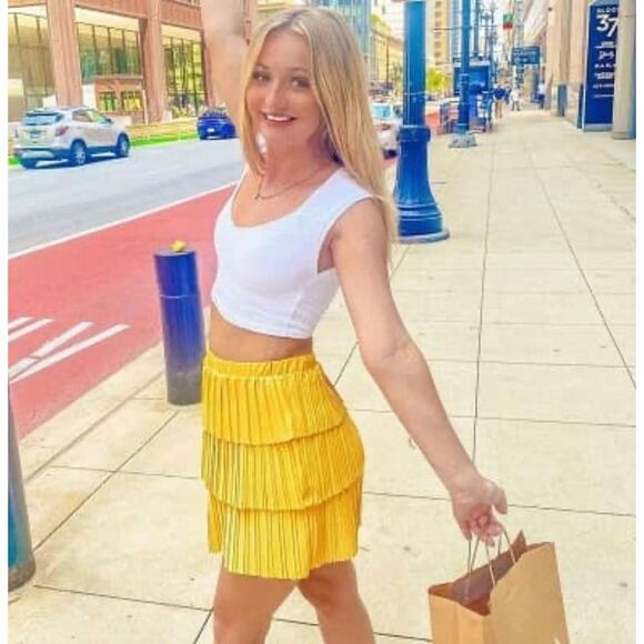 Zara EUC Pleated Mustard Yellow Mini Skirt Size S Tiered - Picture 6 of 10